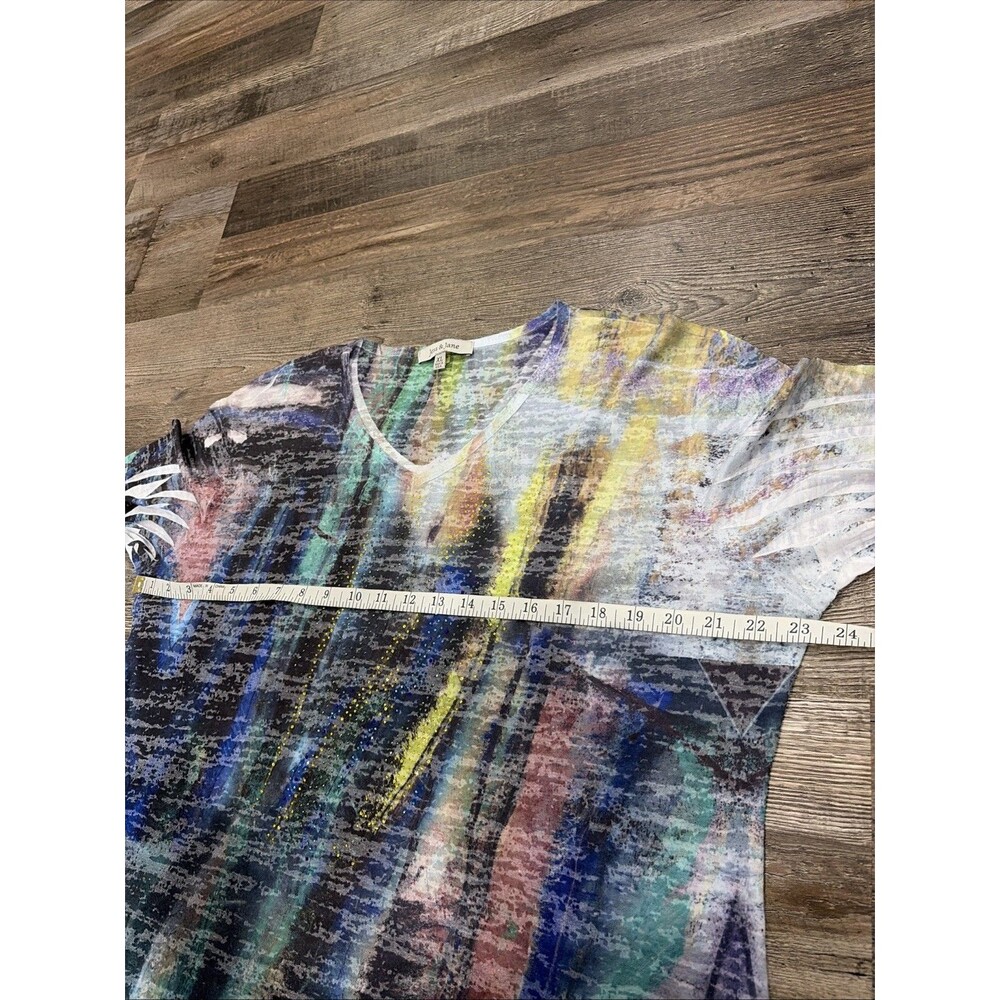 Jess & Jane XL Abstract Burnout Rhinestone Top Semi Sheer 3/4 Sleeve Artsy boho - Picture 4 of 14